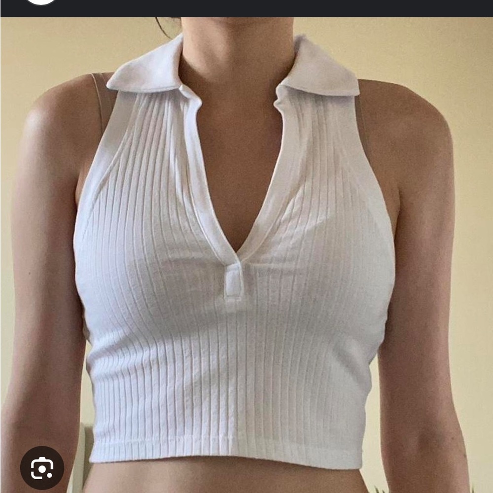 Zara White Ribbed Collared Top